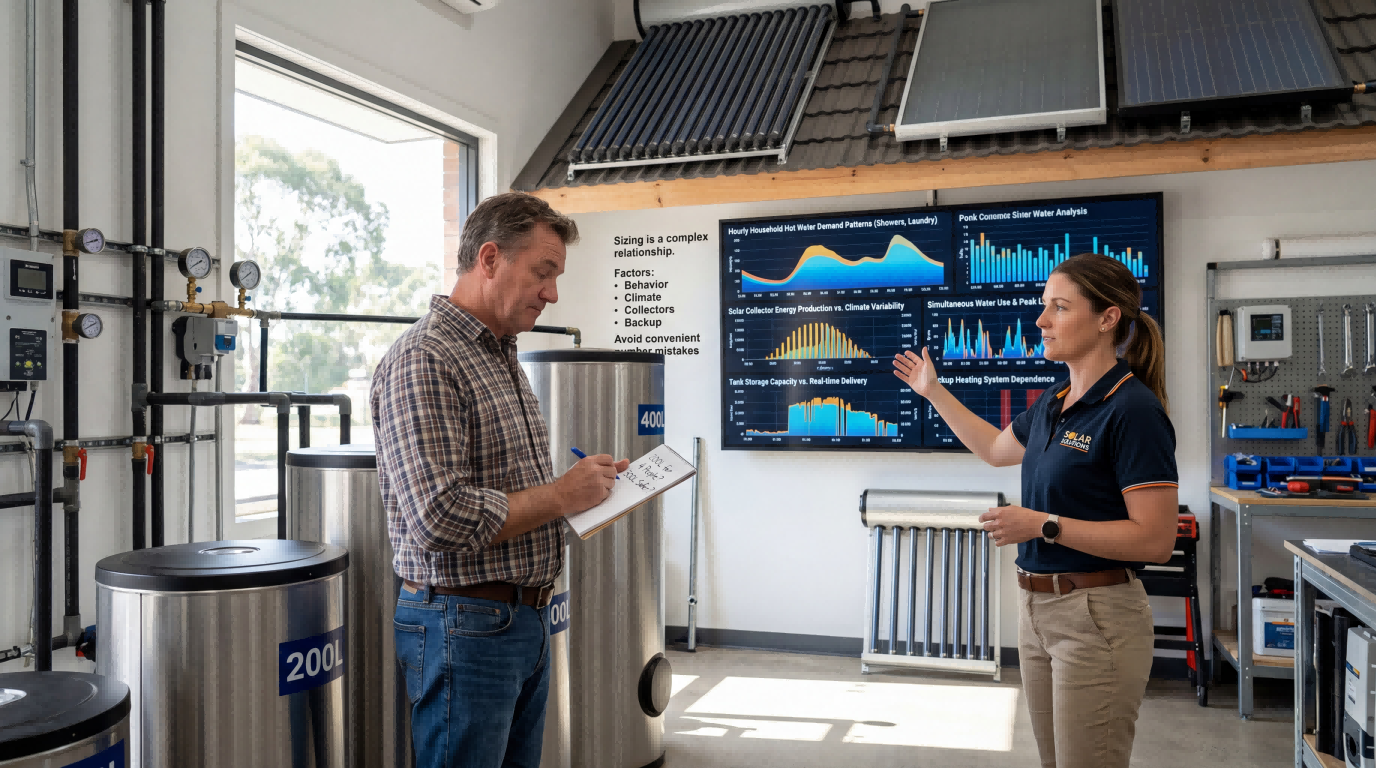 Consultation for pressurized solar water heater sizing using tank options, household demand charts, and system performance analysis